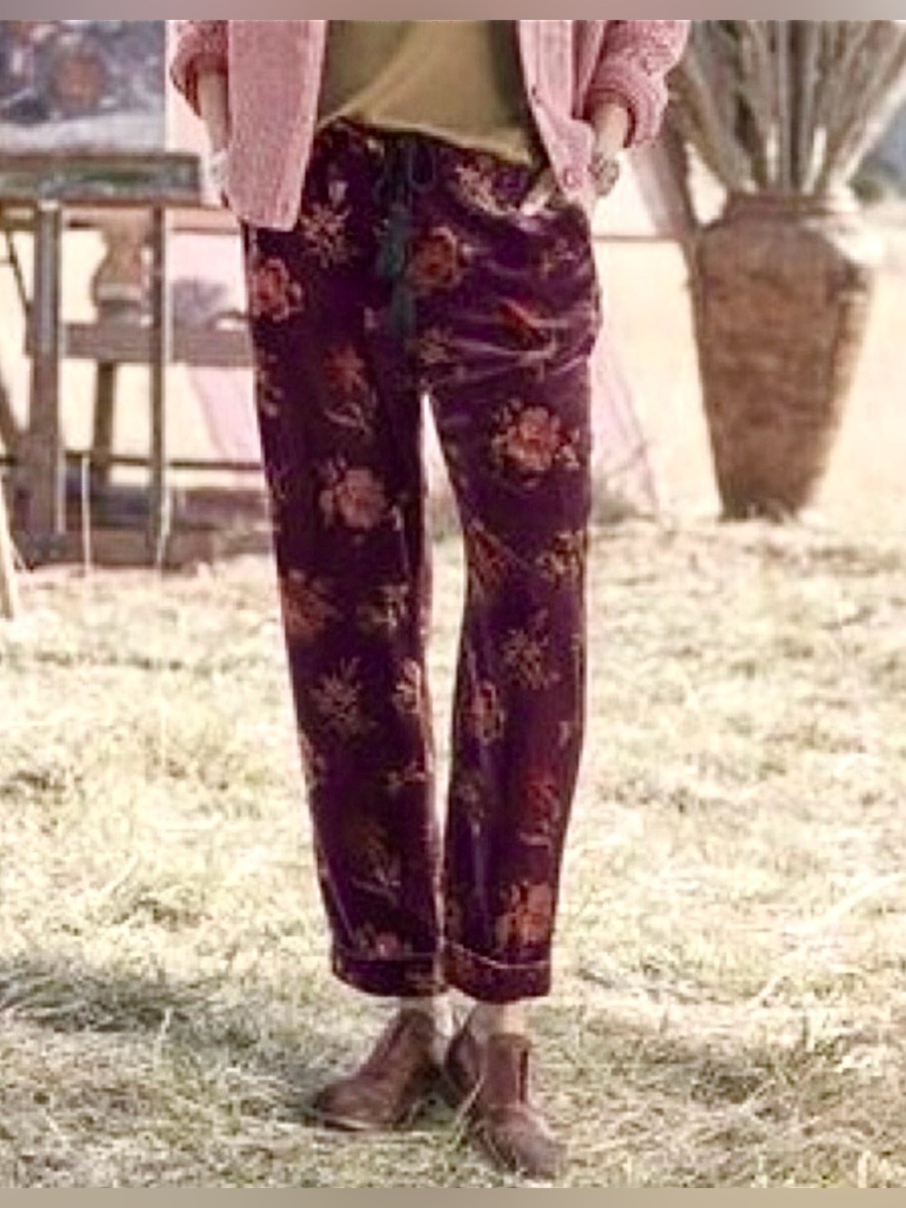 NWT Sundance Velvet Floral Jogger Pants Burgundy Cuffed Boho Petite Small Rare